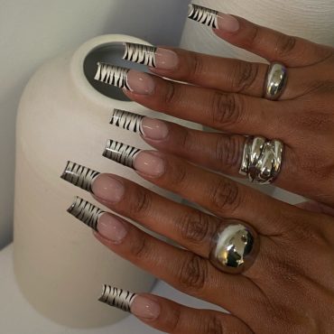 Zebra French Tip Coffin-shaped Nails with Nude Base