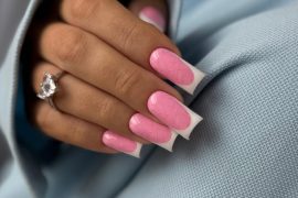 Subtle Love Heart Pattern Pink Square Nails with White French Tips