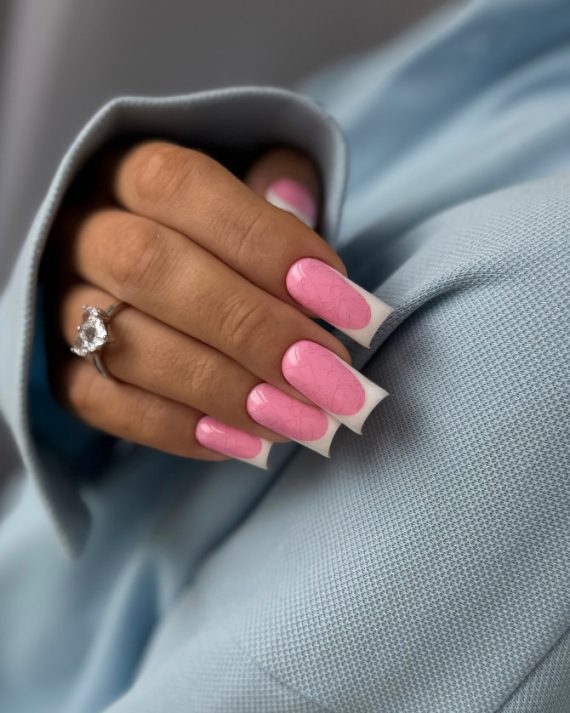 Subtle Love Heart Pattern Pink Square Nails with White French Tips