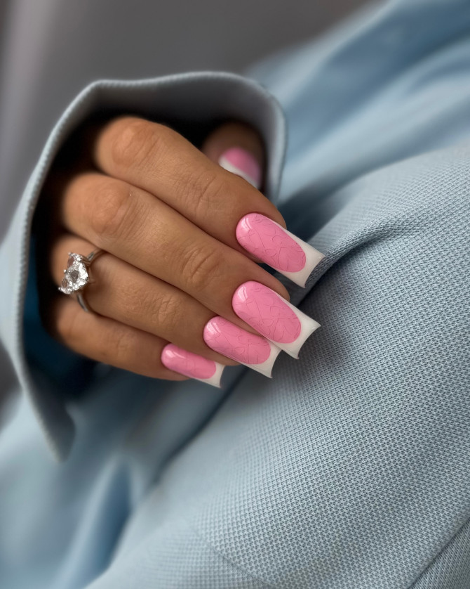 Subtle Love Heart Pattern Pink Square Nails with White French Tips