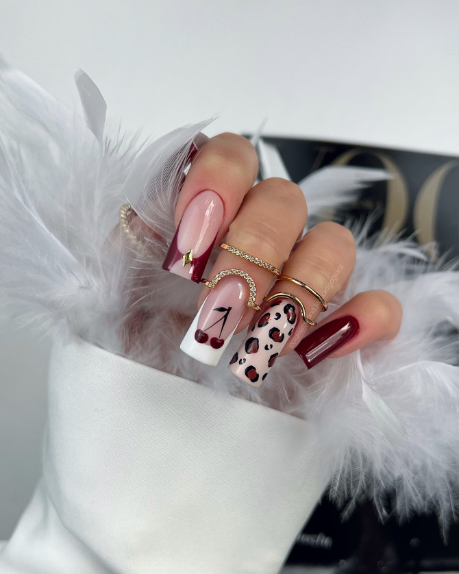 Burgundy and White Long Square-Shaped Nails with Cherry and Leopard Details