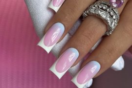 White French Tips on Pink and Blue Ombre Square Nails