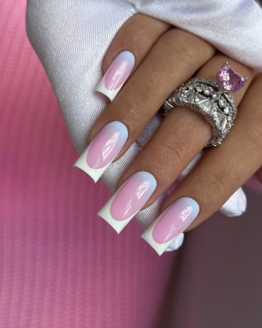 White French Tips on Pink and Blue Ombre Square Nails