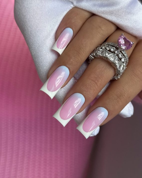 White French Tips on Pink and Blue Ombre Square Nails