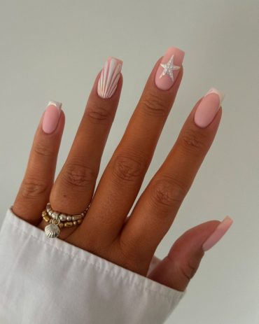Square pink nails with shell stripe art and 3D glitter starfish accent