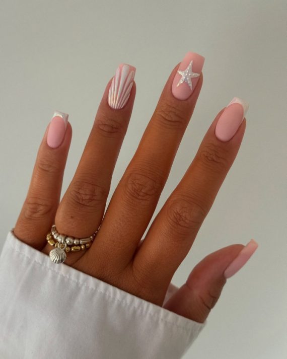 Square pink nails with shell stripe art and 3D glitter starfish accent