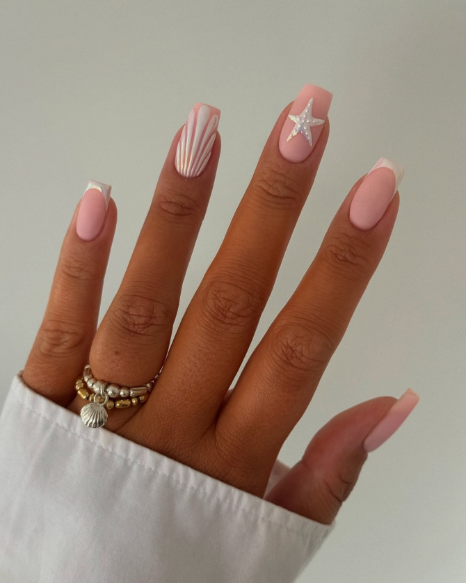 Square pink nails with shell stripe art and 3D glitter starfish accent