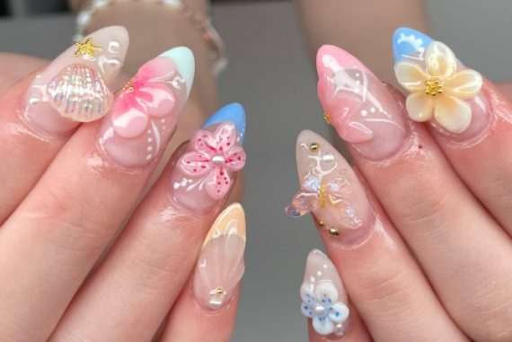 Tropical Vibe Nails with 3D Blooms and Ocean-Inspired Accents