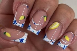 Zesty Lemon Blue & White French Tips nail art for summer