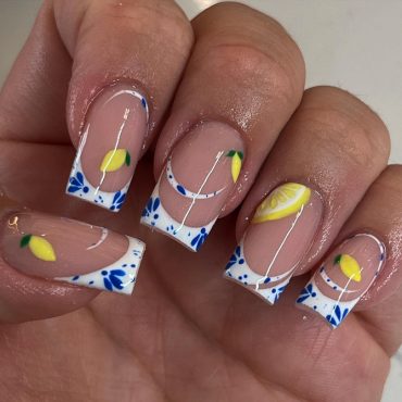 Zesty Lemon Blue & White French Tips nail art for summer