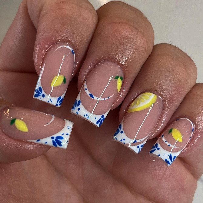 Zesty Lemon Blue & White French Tips nail art for summer