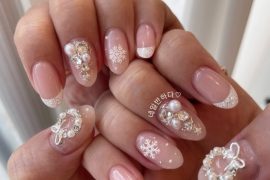 3D Nail Art Tutorial: winter pink gel nails with glittery French tips, snowflakes, and pearl wreaths with crystals