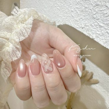 Bridal nude almond nails with white plaid accent and French French tips – elegant wedding look