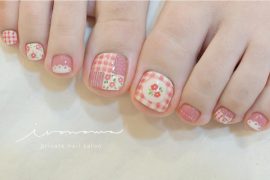 Pink gingham toenail art with mini florals, polka dots, clouds, and patchwork quilt design