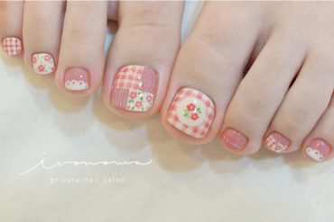 Pink gingham toenail art with mini florals, polka dots, clouds, and patchwork quilt design
