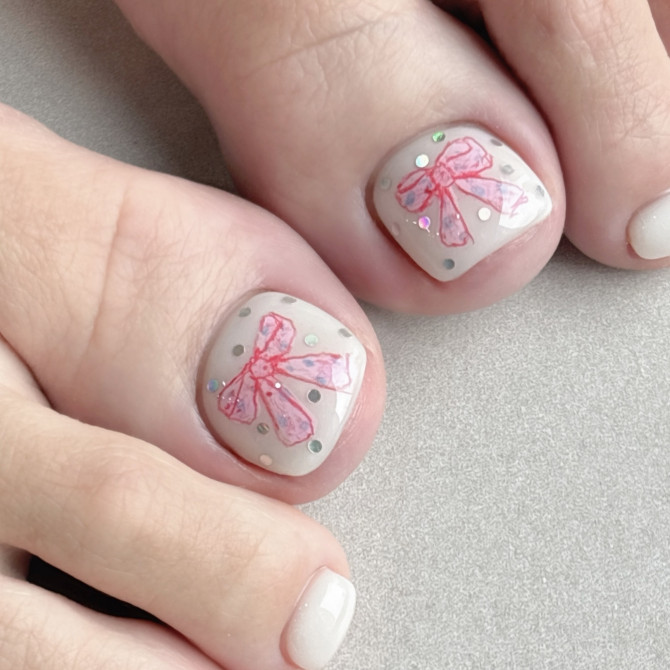 White toenails featuring pink ribbon bow art with glitter dots, designed for a soft and feminine spring look