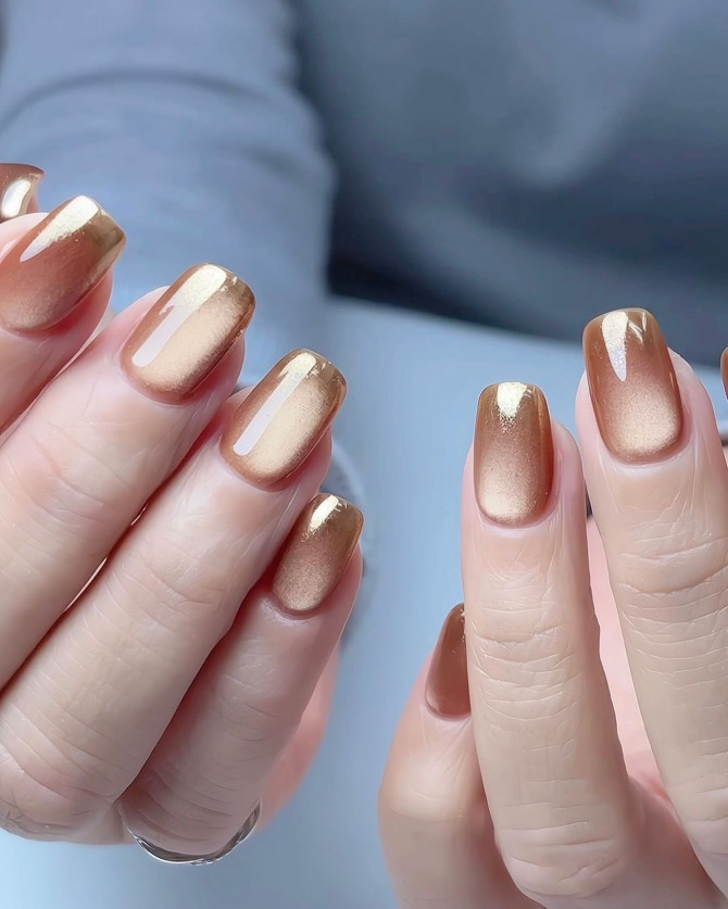 Metallic mocha square nails with golden latte gradient shine