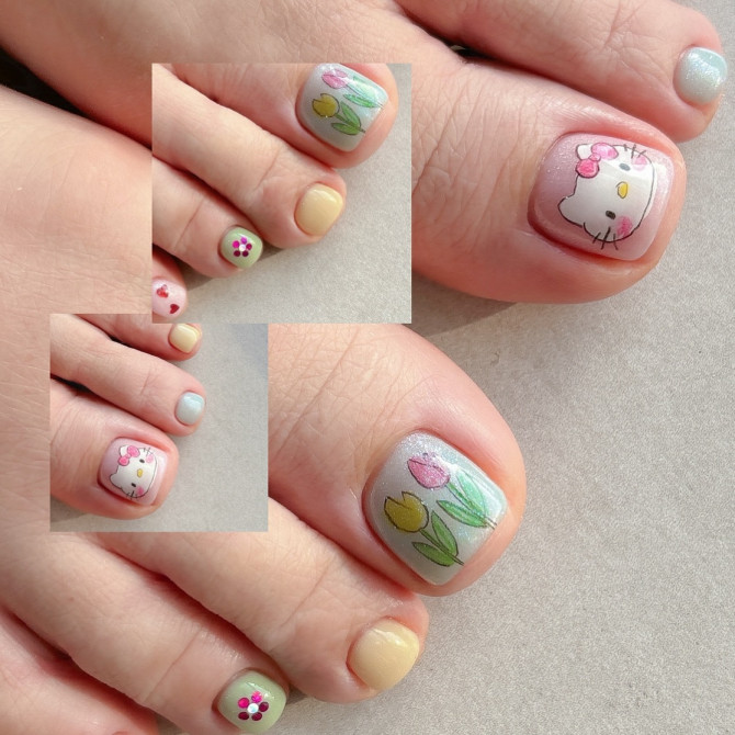 Pastel toe nails featuring Hello Kitty face, tulip flower art, and soft-colored polish with floral accents