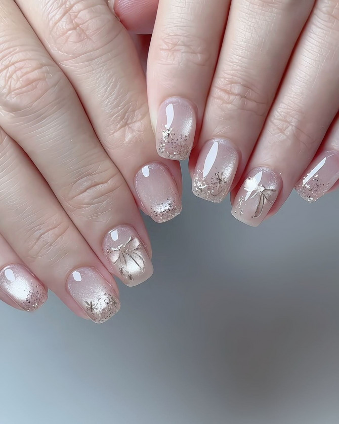 short nude nails with glitter ombre, gold bows, and star details in square shape