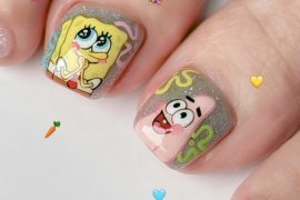 Toe nails with SpongeBob and Patrick cartoon art, silver glitter base, and tropical pineapple on short square nails