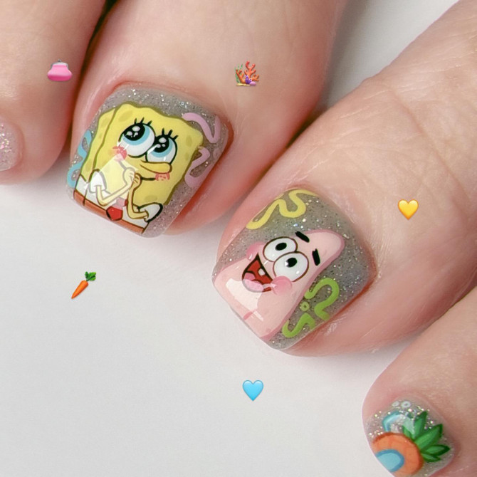 Toe nails with SpongeBob and Patrick cartoon art, silver glitter base, and tropical pineapple on short square nails