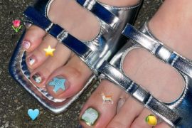 Toe nails with pastel base, neon dots, and hand-drawn characters in short square shape with creative storybook details