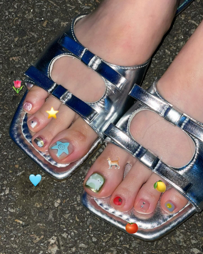 Toe nails with pastel base, neon dots, and hand-drawn characters in short square shape with creative storybook details