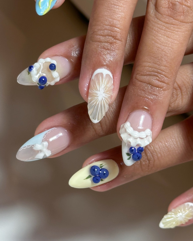 3D blueberry nail designs with white ruffles and citrus accents for summer
