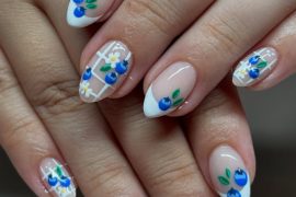blueberry nail designs with French tips, white lattice, and floral berry art for summer