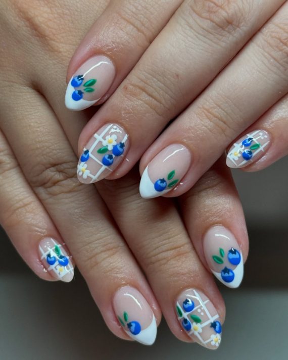 blueberry nail designs with French tips, white lattice, and floral berry art for summer