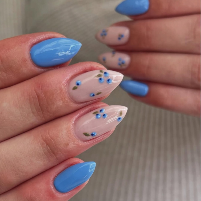  blueberry nail designs with nude base and sky-blue solid polish in almond shape