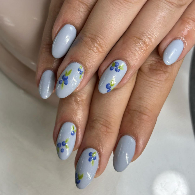  blueberry nail designs with powder blue base and minimalist fruit art for summer