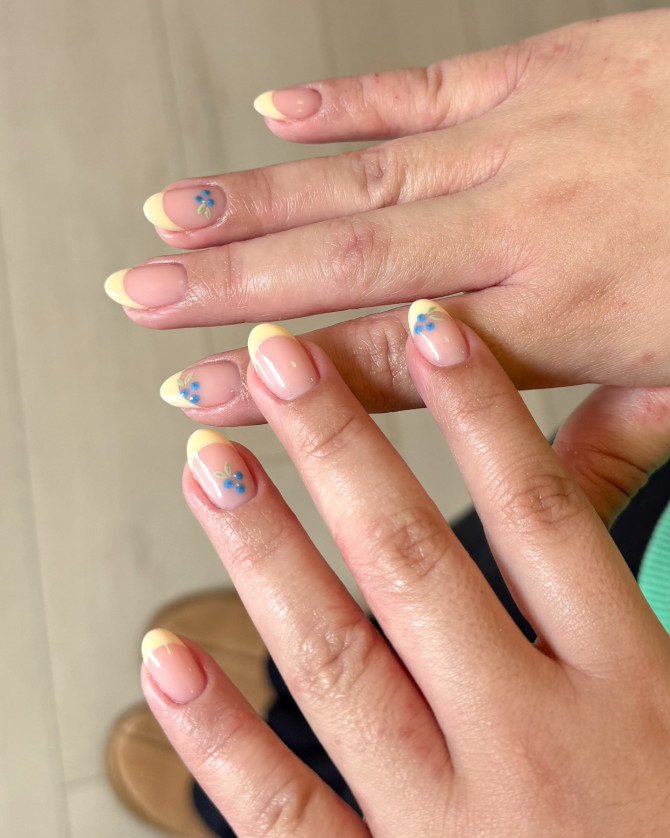  blueberry nail designs with soft yellow French tips and nude base for summer