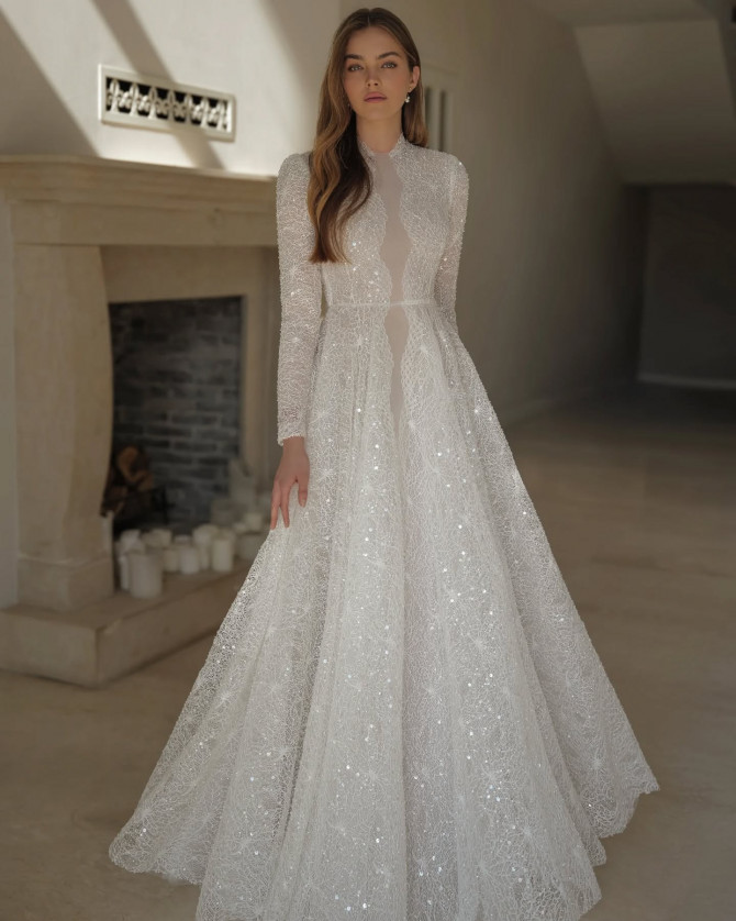 Bride in luminous organza princess-style wedding gown