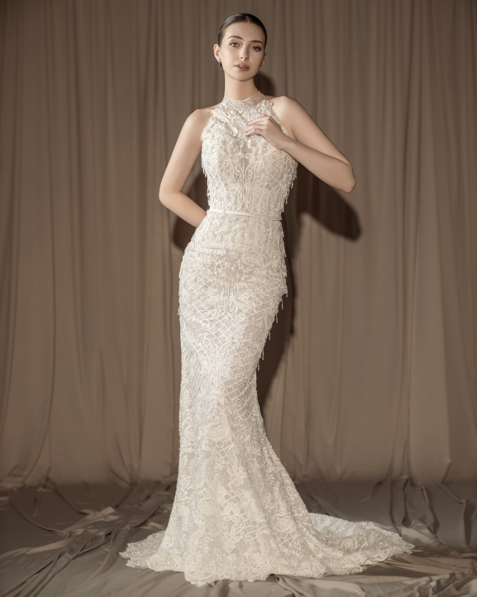 Bride in off-shoulder minimalist satin gown