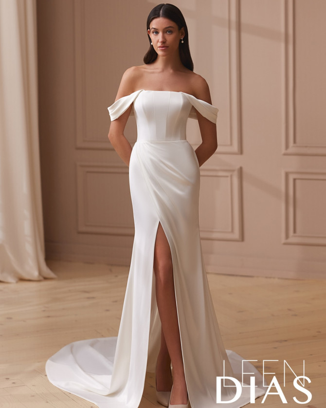 Bride in satin draped minimalist sheath dress