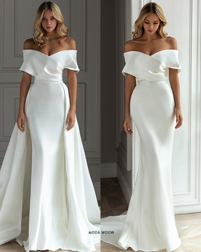 Off-white bridal gown with fitted bodice and flowing train. Timeless Bridal Gowns with lace details