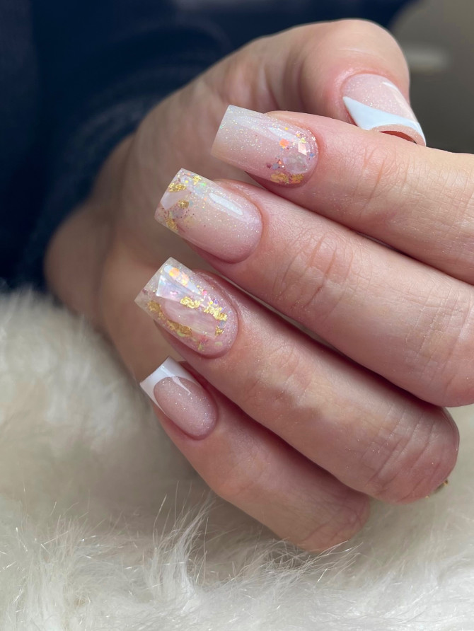 sculptural bridal French nails with foil and cut-out shimmer
