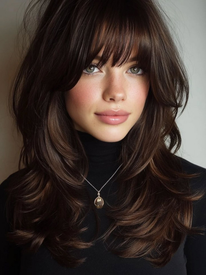 Layered haircut with full fringe and voluminous waves