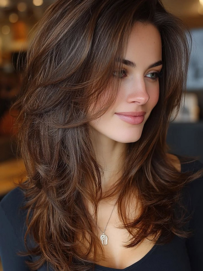 Long layered haircut with voluminous blowout
