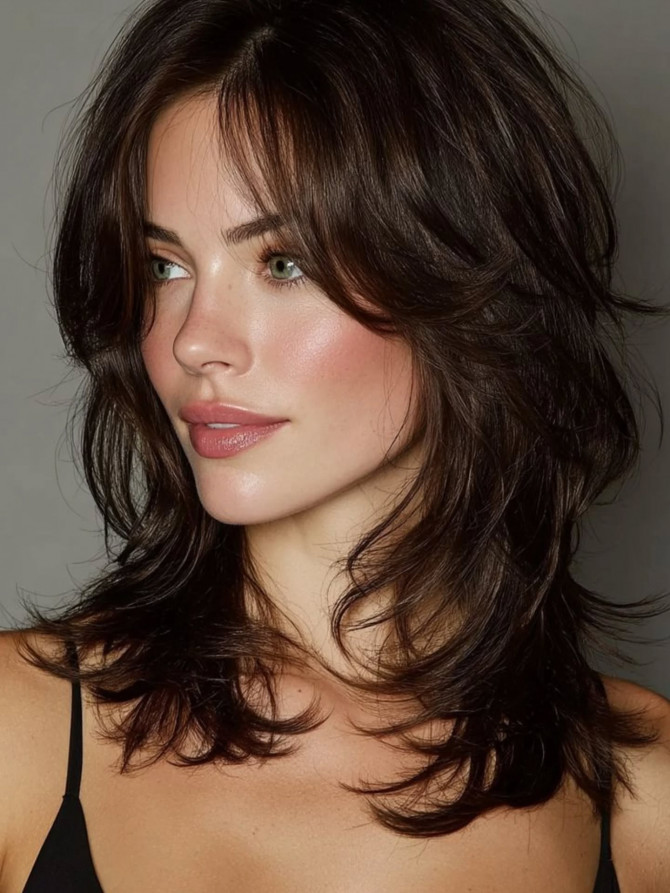 Textured shoulder-length layered haircut with soft fringe