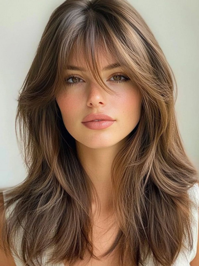 Sleek mid-length layered haircut with curtain bangs