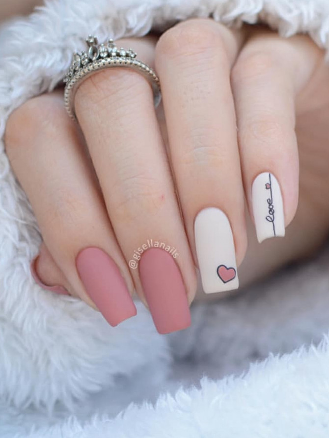 matte pink bridal nails with “Love” script and hearts