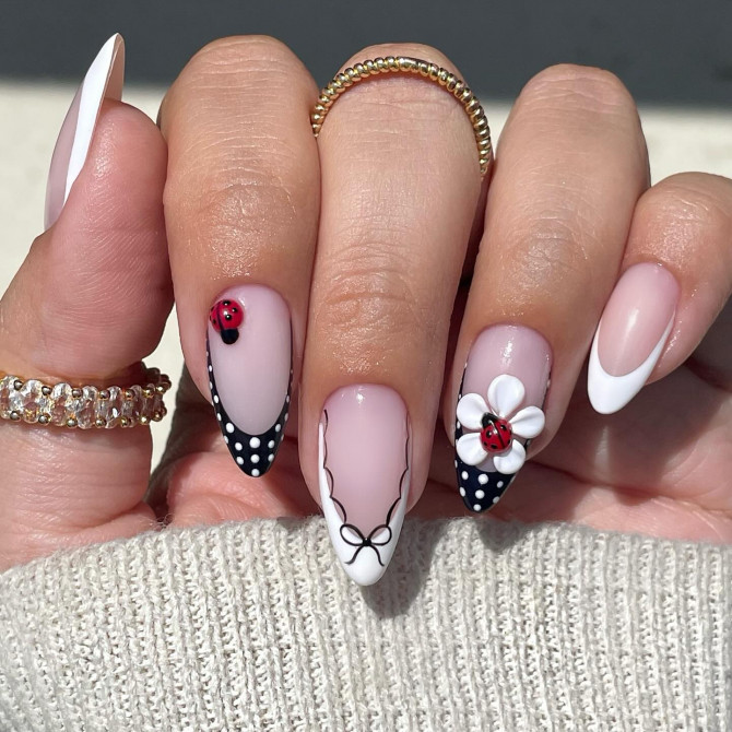 bridal nails with French tips, ladybug, dots, and 3D bows