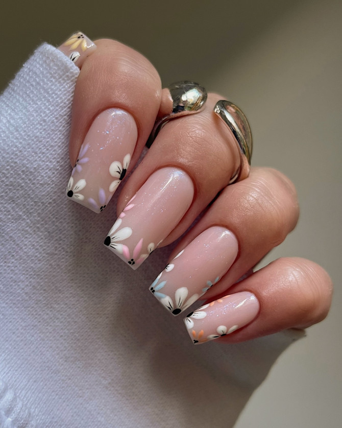 Colorful floral French tip acrylic nails