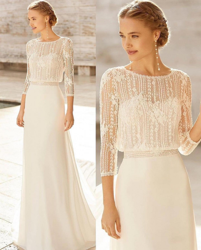 Beaded lace top with three-quarter sleeves over a clean column skirt — international bridal gowns minimal.