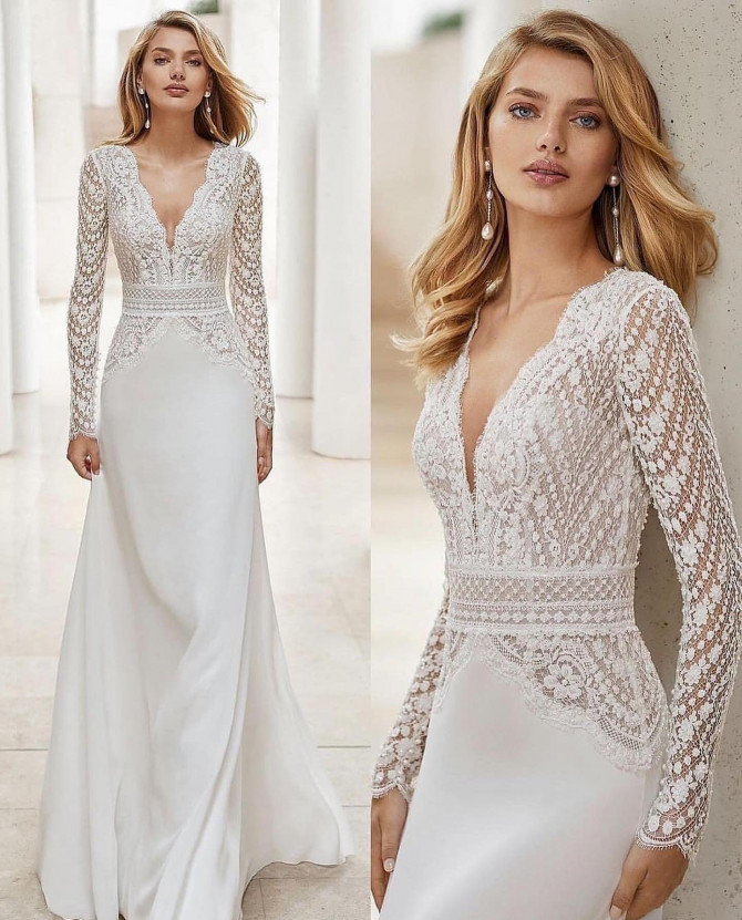  Slim crepe wedding dress with scalloped lace bodice and long sleeves — international bridal gowns chic.