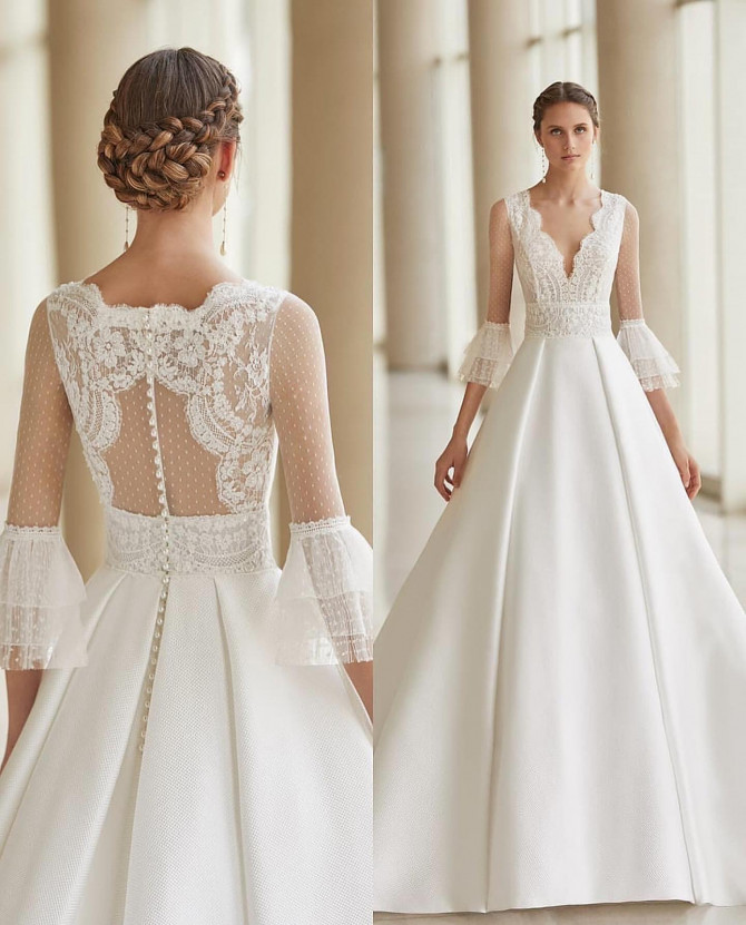  Deep V mikado ballgown with lace sleeves and swiss-dot illusion back — international bridal gowns.