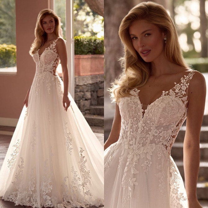 V-neck A-line wedding dress with botanical lace bodice, illusion straps, and tulle Off-shoulder floral ballgown with bishop sleeves; romantic bridal gowns mood.”skirt with floral appliqués. 