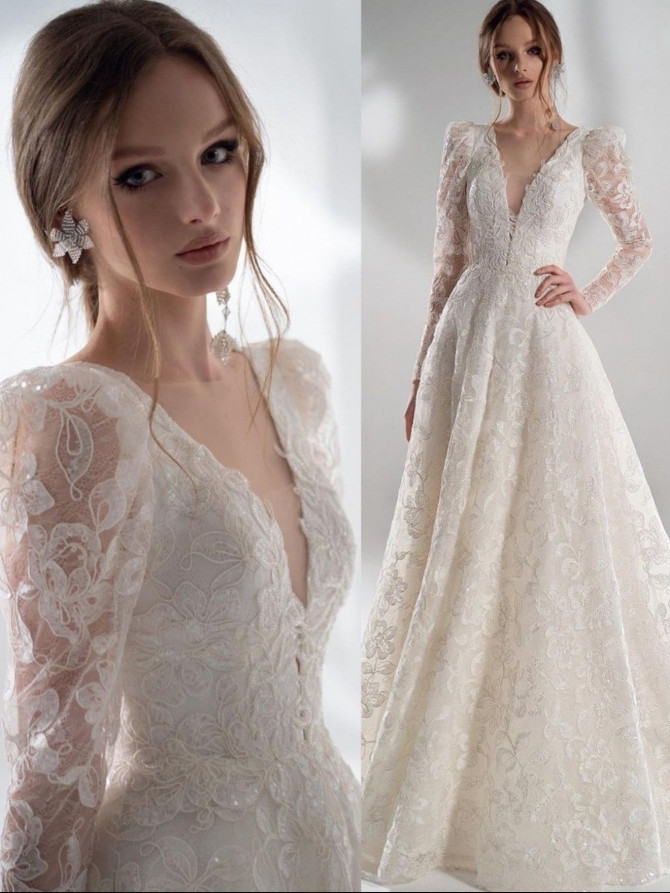 Deep V-neck long-sleeve lace ballgown with structured shoulders and floral embroidery. Strapless lace illusion A-line bridal gowns look with floral appliqués and light tulle skirt.”